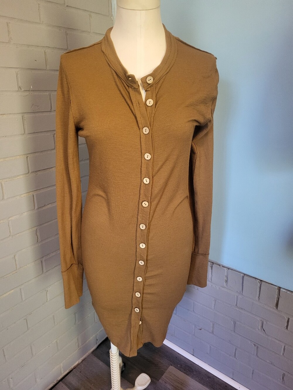 Free People Camel Button-Front Ribbed Long Sleeve Dress